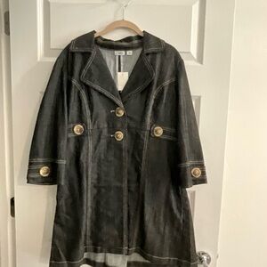 CO Black Denim Trench Coat with Gold Accents